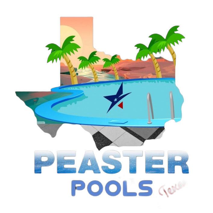 Peaster Pools logo featuring a stylized swimming pool, palm trees, and a Texas outline, emphasizing pool inspection services.