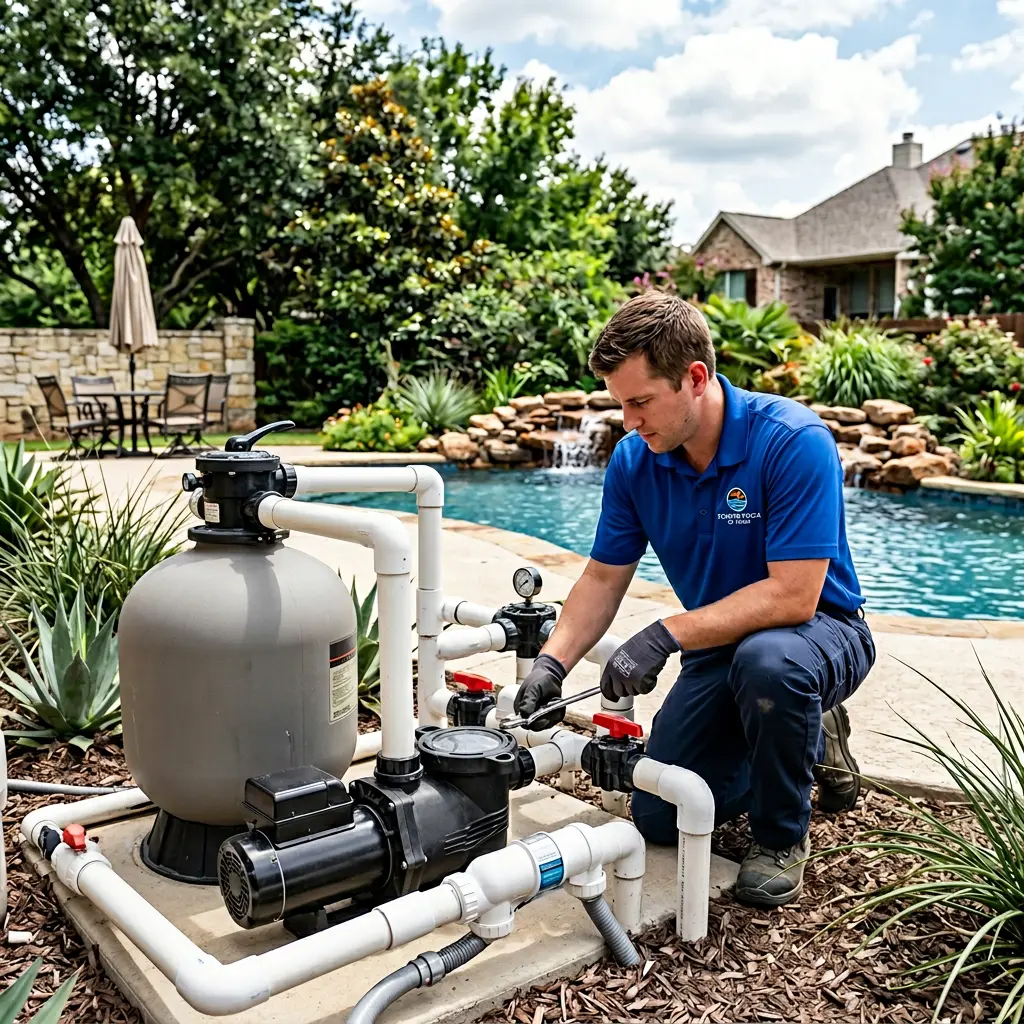 Pool technician servicing pool equipment, focusing on pump and filter system, surrounded by lush landscaping and residential pool area, emphasizing Peaster Pools' reliable maintenance services in Parker County, Texas.