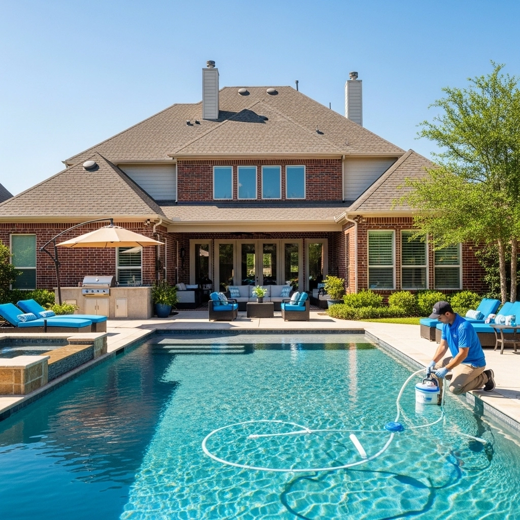 Pool maintenance technician cleaning a residential pool in Parker County, TX, with a clear blue sky and a well-maintained backyard featuring lounge chairs and an outdoor grill.