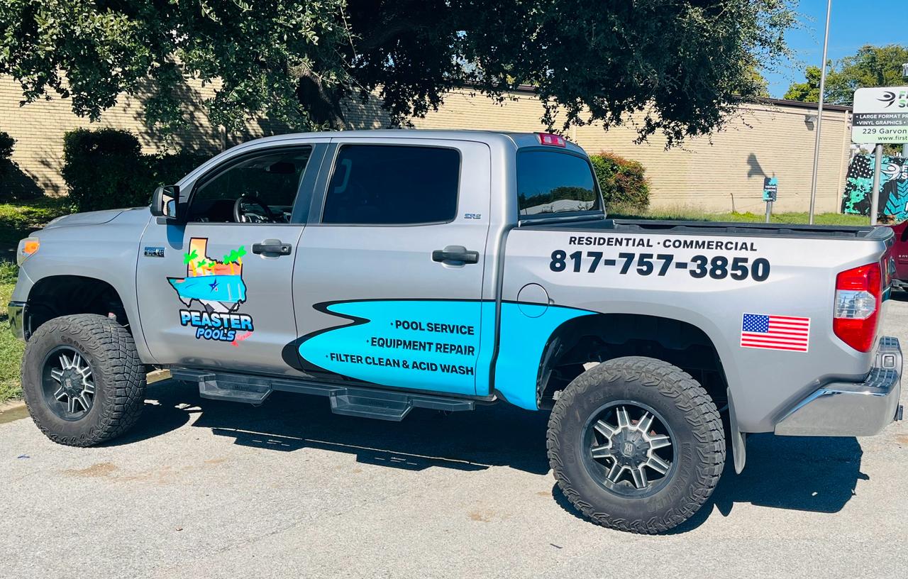 Peaster Pools truck with service details including "Pool Service," "Equipment Repair," and "Filter Clean & Acid Wash," parked in a residential area.