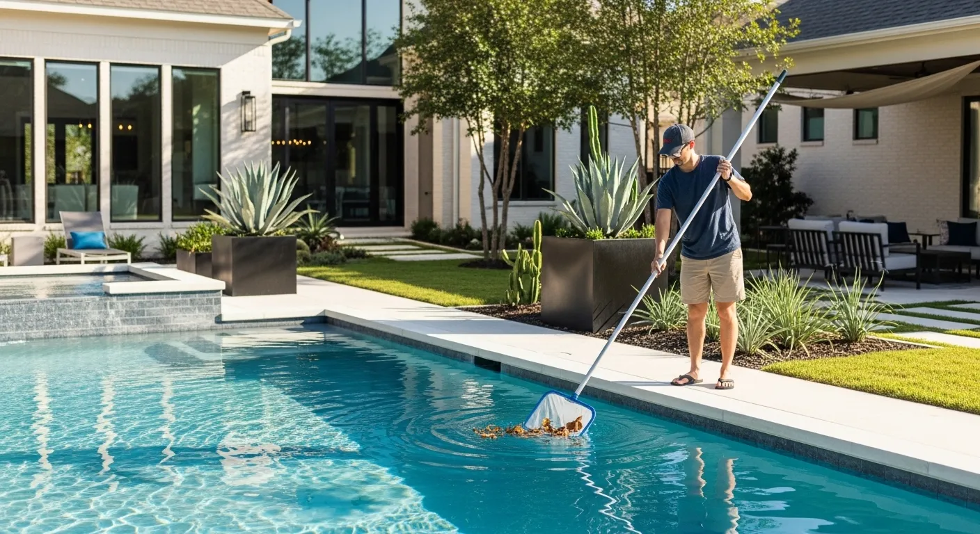 Man cleaning pool with skimmer net in residential backyard, showcasing pool maintenance practices for homeowners.