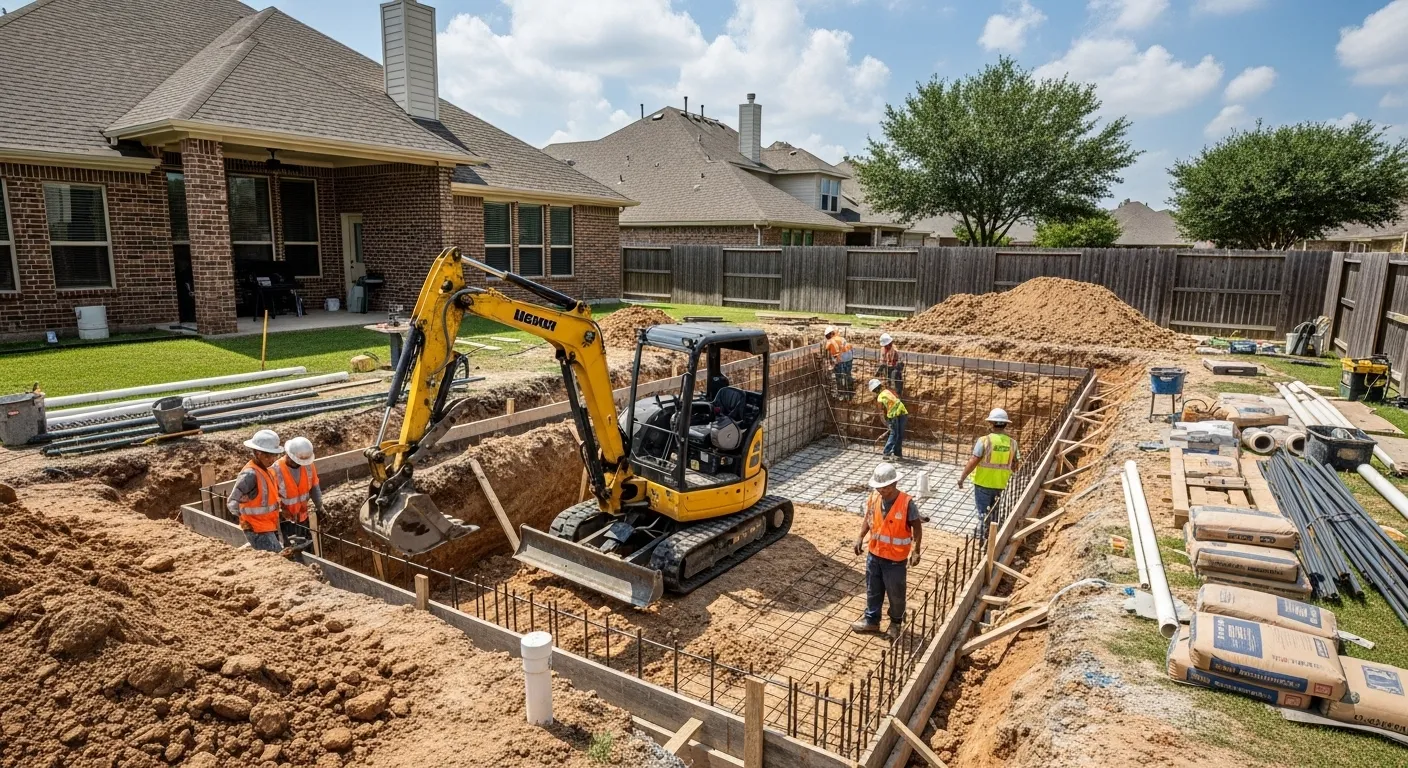 Construction site with excavator digging a pool foundation, workers in safety gear collaborating, and materials organized for pool installation in a residential backyard setting.