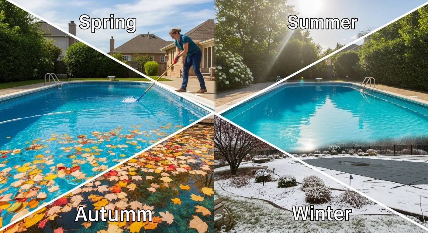 Seasonal pool maintenance overview with spring cleaning, summer enjoyment, autumn leaf accumulation, and winter preparation.