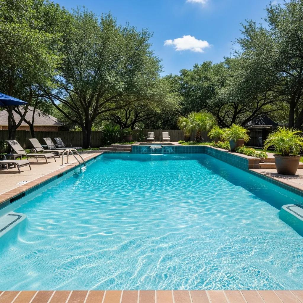 Beautifully maintained swimming pool with pristine plaster in a sunny Texas backyard