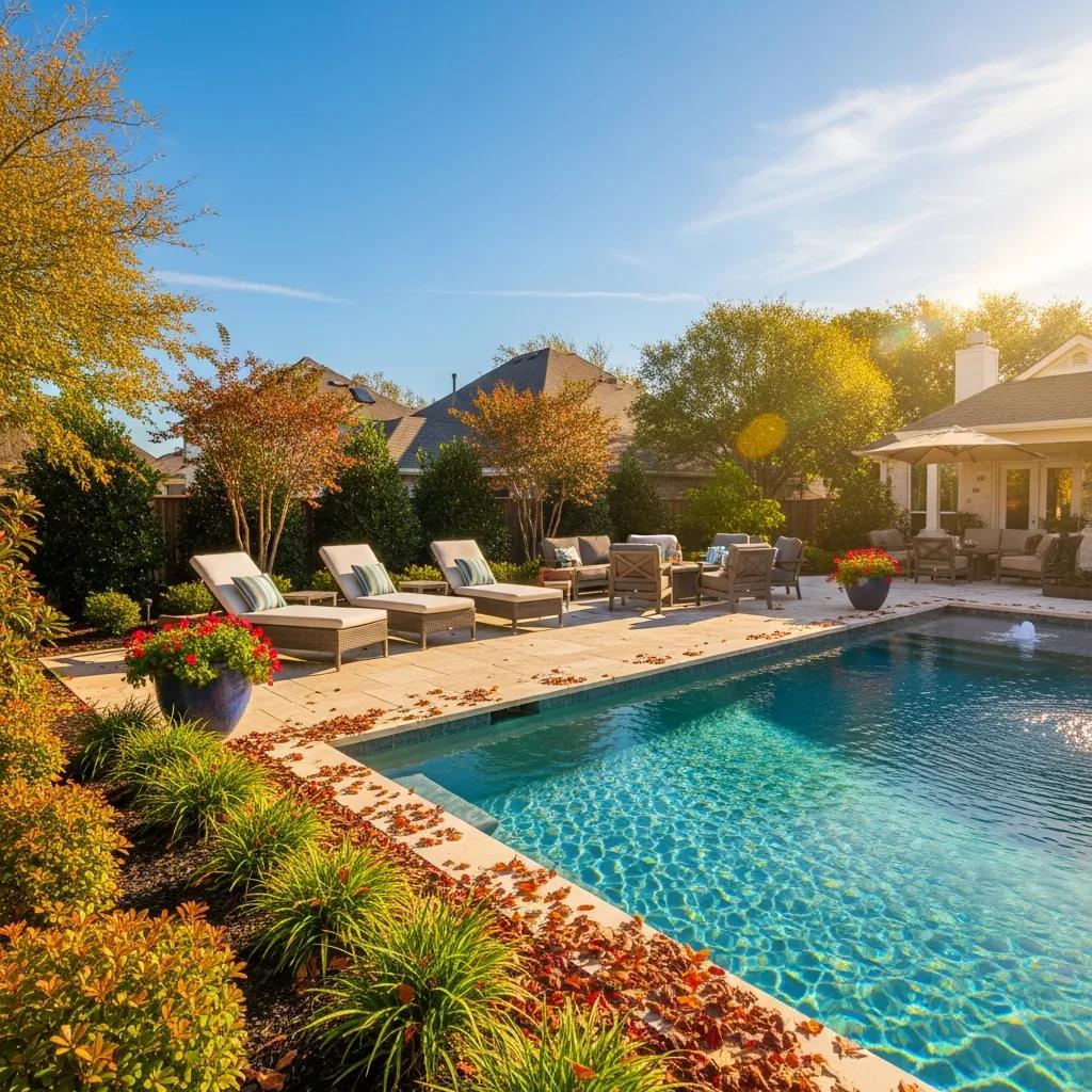 Beautifully renovated pool in a Texas backyard during fall with autumn leaves and inviting patio area