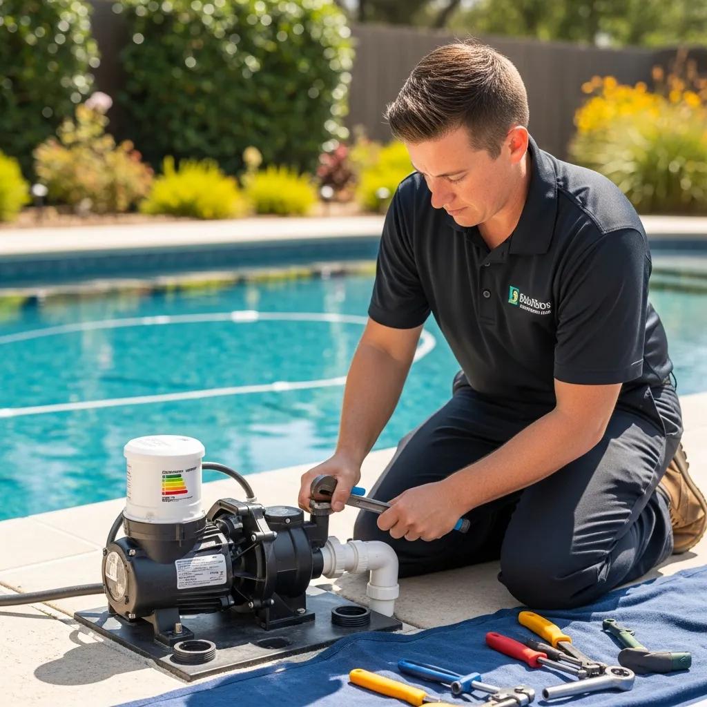 Certified technician installing energy-efficient pool equipment in a residential setting