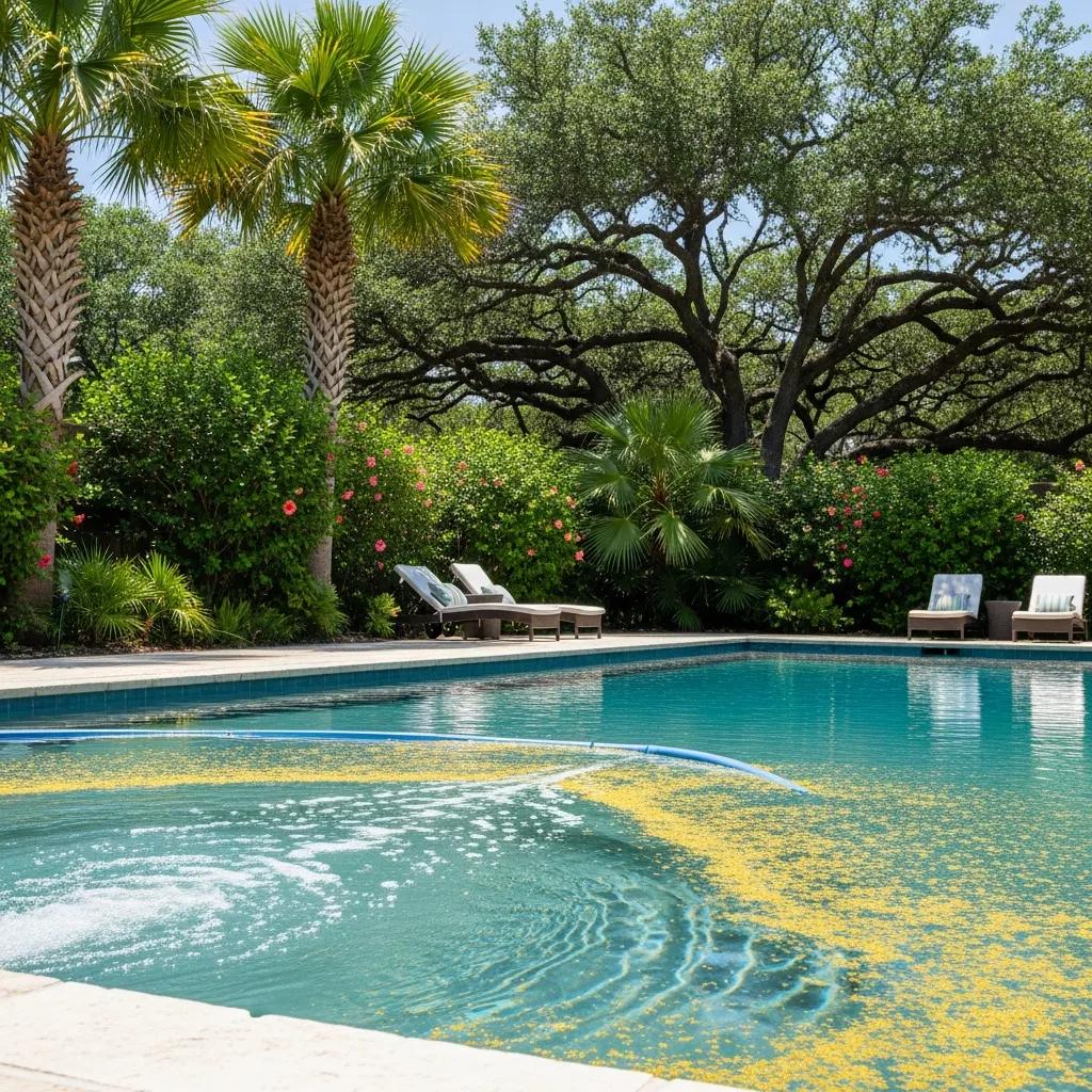 Clean Texas pool with skimmer removing oak pollen on a sunny day