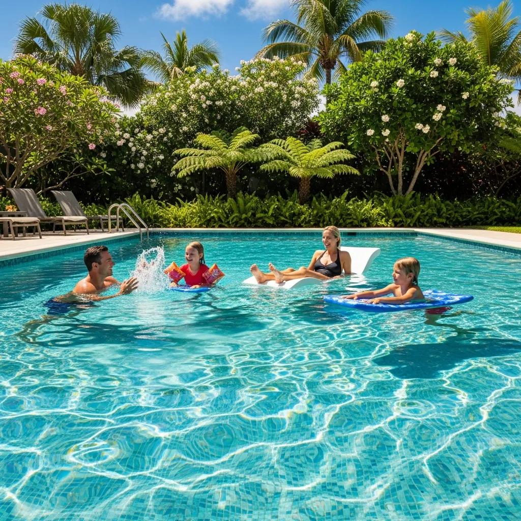 Clear swimming pool with family enjoying a clean and healthy environment, highlighting the role of enzymes in pool maintenance