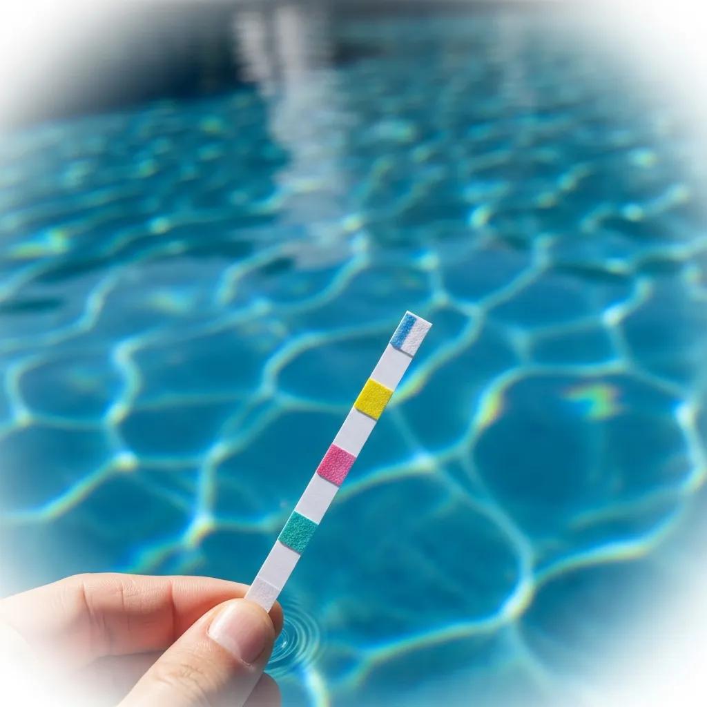 Close-up of a pool water test strip being dipped into a swimming pool, highlighting the risks of inaccurate testing