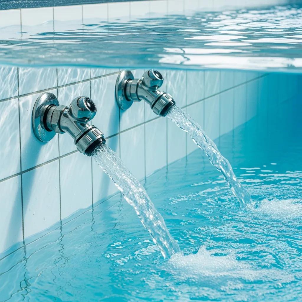 Close-up of adjustable eyeball return fittings in a pool, demonstrating water flow direction for efficient circulation