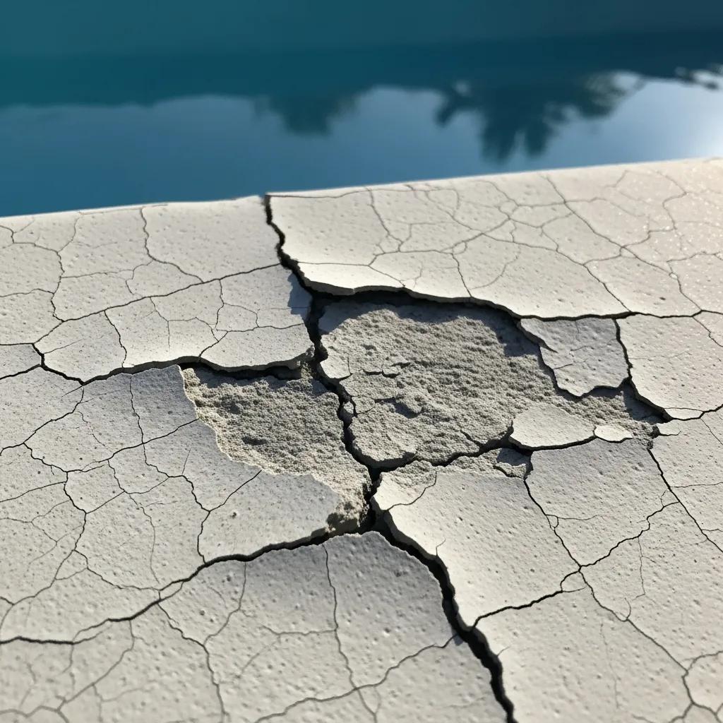 Close-up of damaged pool plaster showing cracks and rough texture needing repair