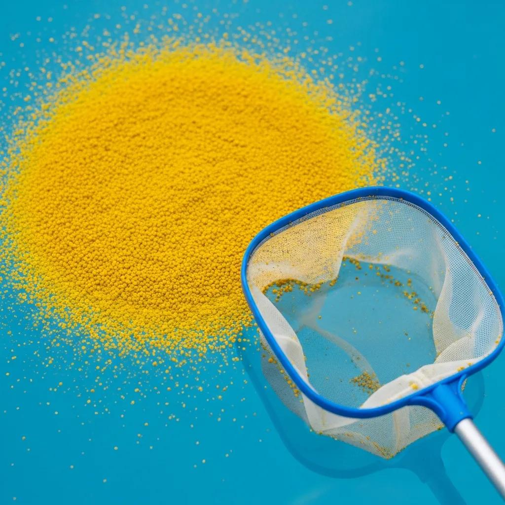 Close-up of oak pollen on pool surface illustrating maintenance challenges