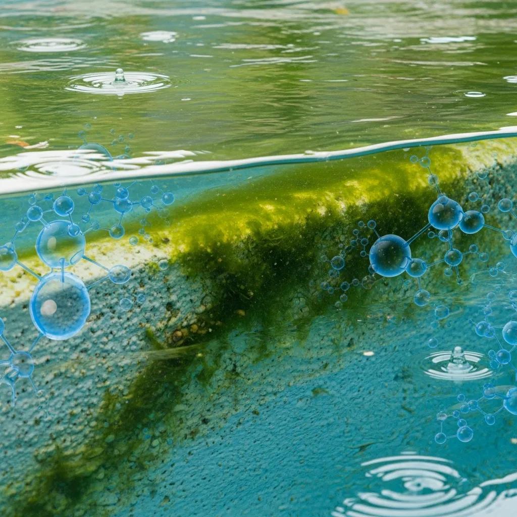 Close-up of pool water showing algae growth and phosphates, illustrating pool chemistry challenges