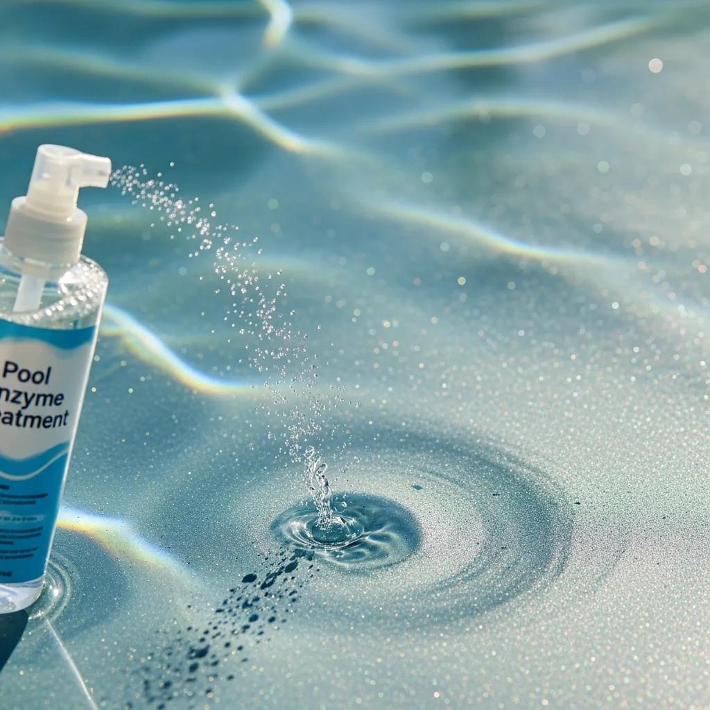 Close-up of pool water with sunscreen film and enzyme treatment bottle, demonstrating enzyme effectiveness in removing organic pollutants
