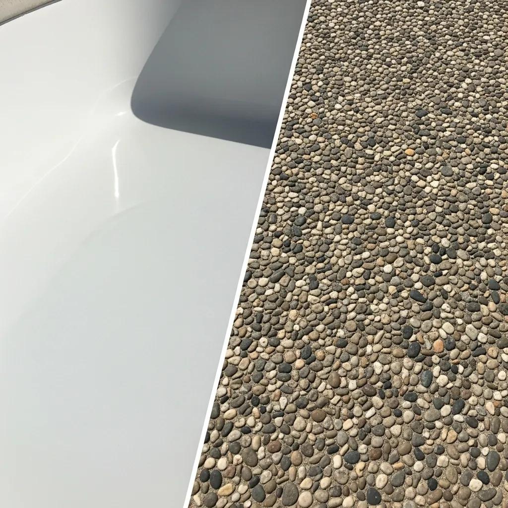 Comparison of traditional white plaster and textured pebble finish for swimming pools