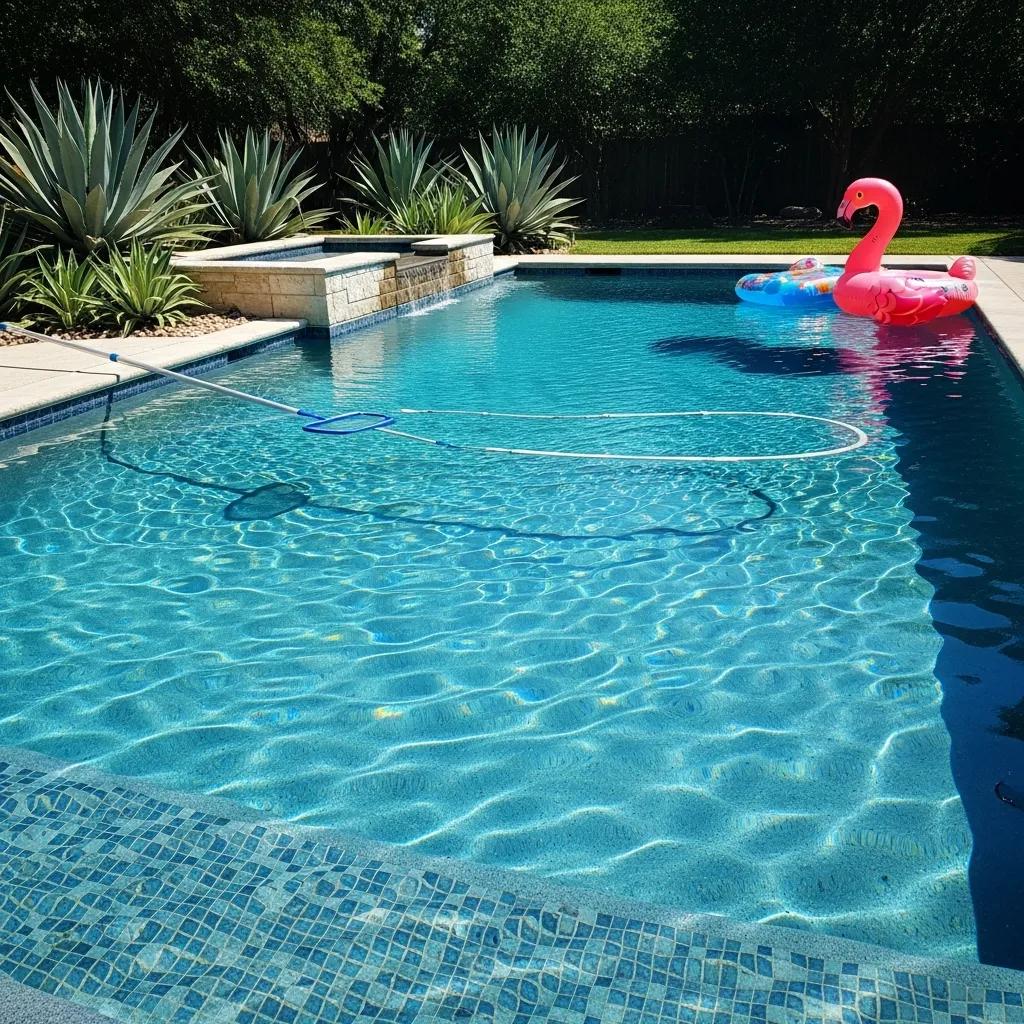 Crystal-clear swimming pool in a sunny Texas backyard with lush landscaping