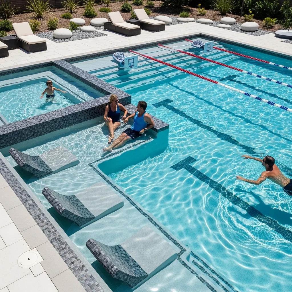Custom sport pool design showcasing adjustable depths and integrated seating in a beautiful backyard