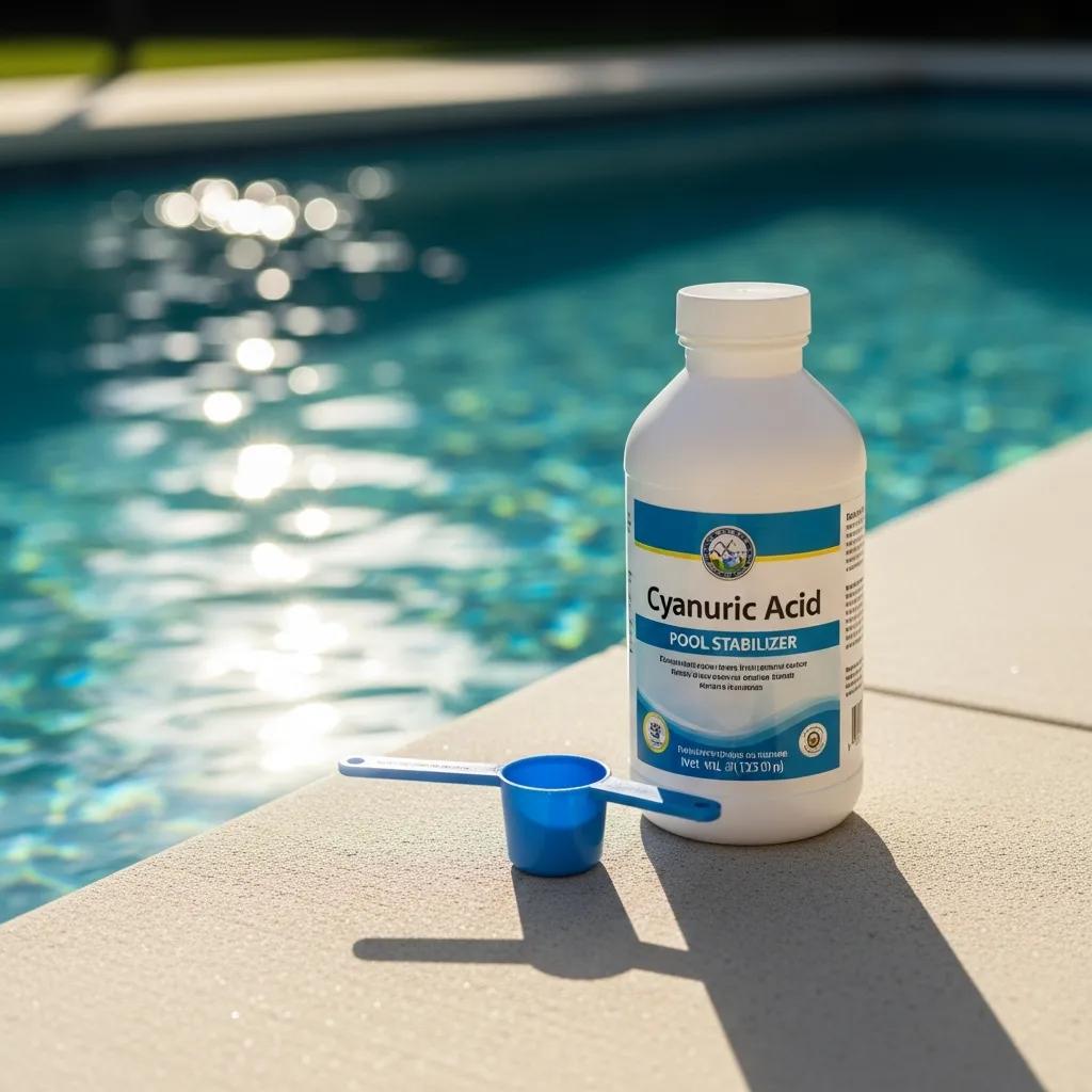 Cyanuric acid bottle beside a swimming pool emphasizing its role in stabilizing chlorine
