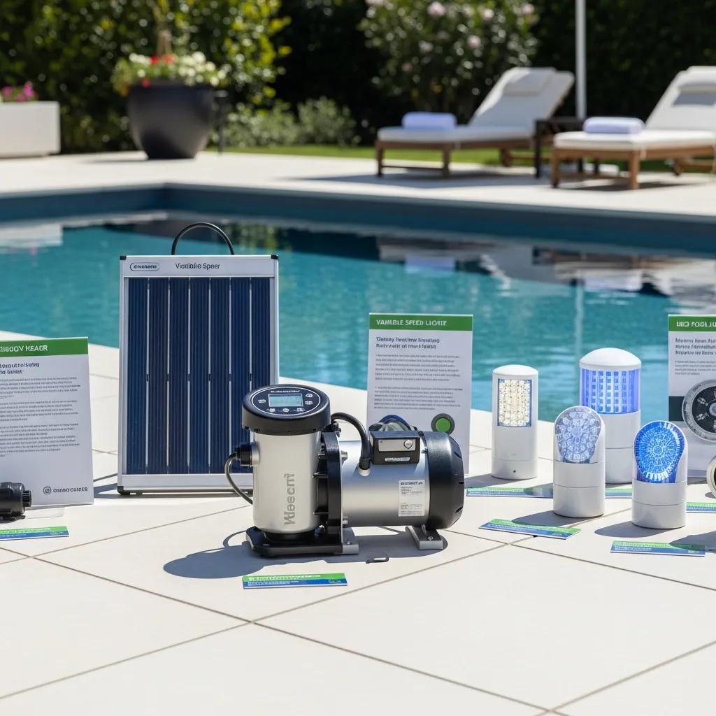 Display of energy-efficient pool equipment including variable speed pump and solar heater in a bright outdoor setting