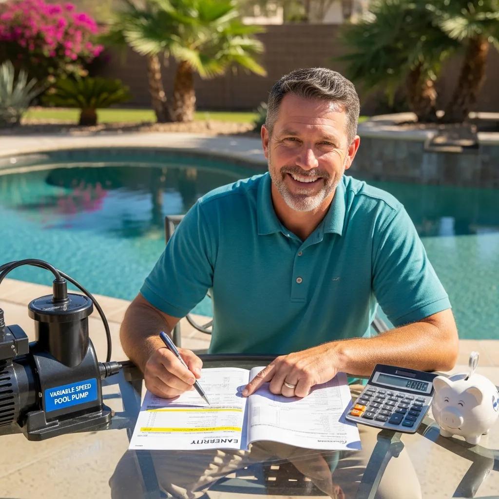 Happy Texas homeowner reviewing energy savings next to a variable speed pool pump