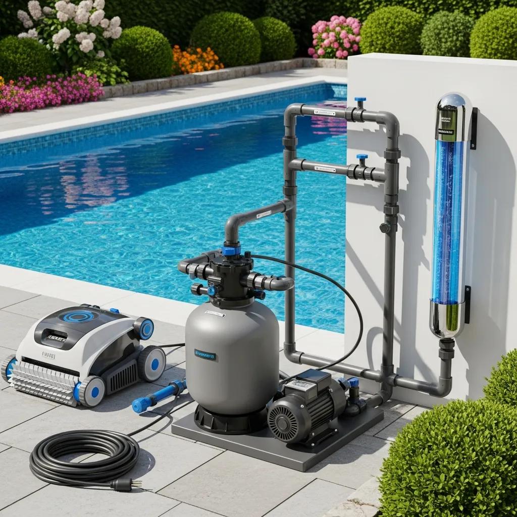 Modern pool equipment including a high-efficiency filter and robotic cleaner in a clear pool setting