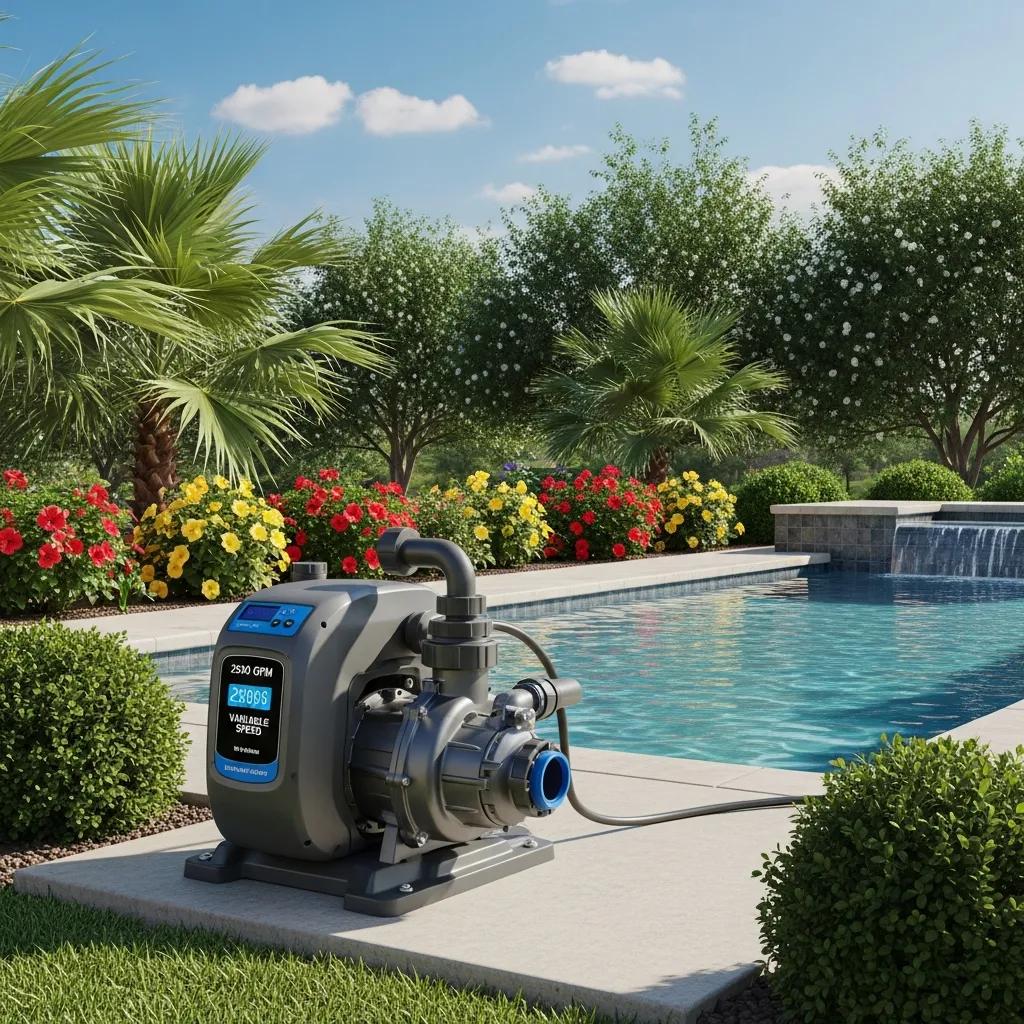 Modern variable-speed pool pump in a Texas backyard, showcasing a sparkling pool and lush landscaping, emphasizing energy efficiency and cost savings for pool maintenance.