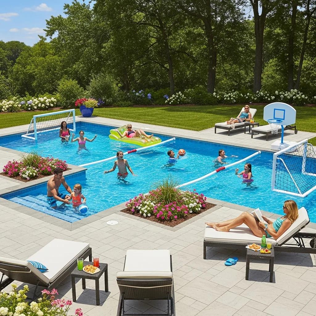 Families enjoying various activities in a multi-sport pool zone with a basketball hoop, soccer goals, and colorful floats in a sunny backyard, highlighting outdoor recreation and fitness.