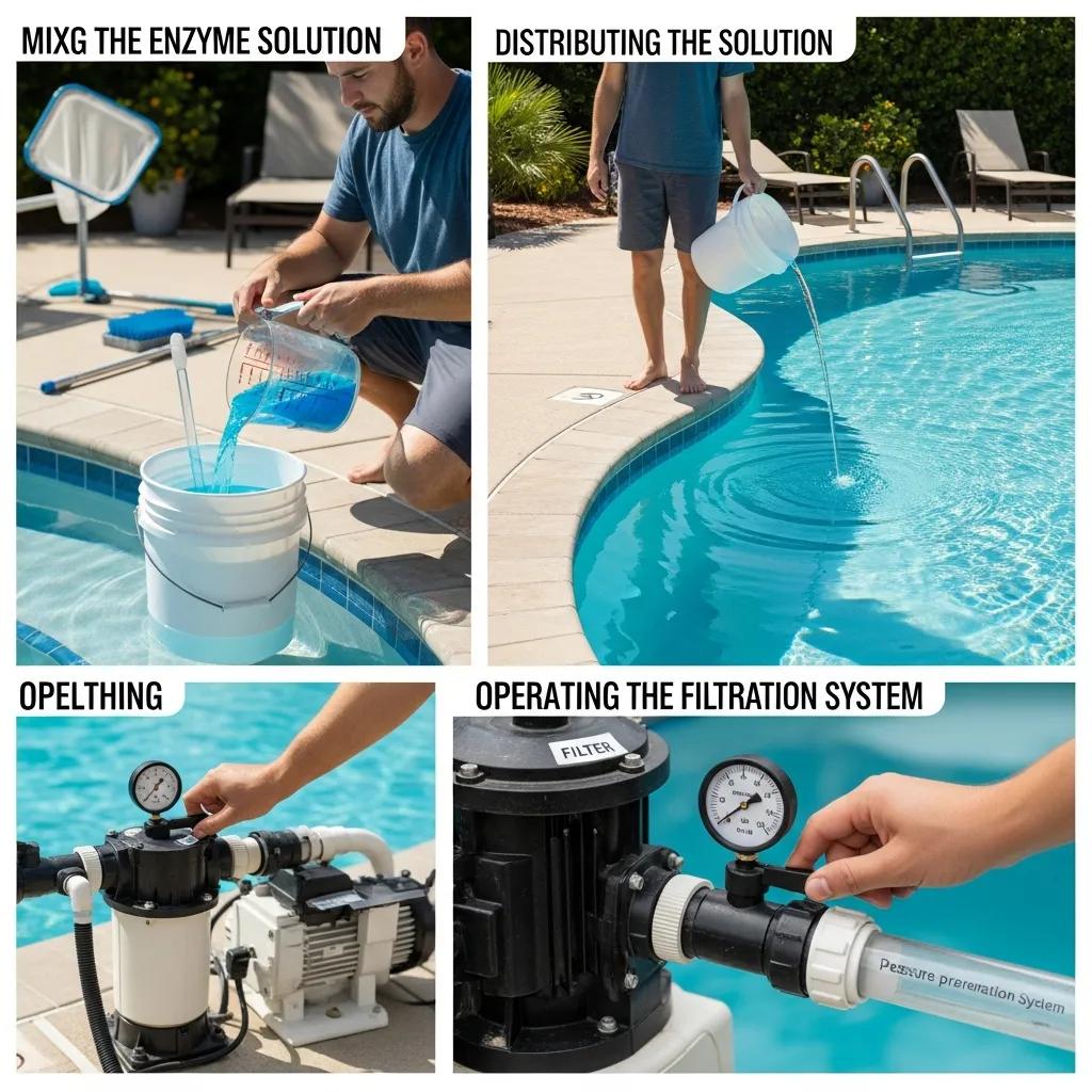 Person applying enzyme treatment in a pool, illustrating best practices for effective pool maintenance