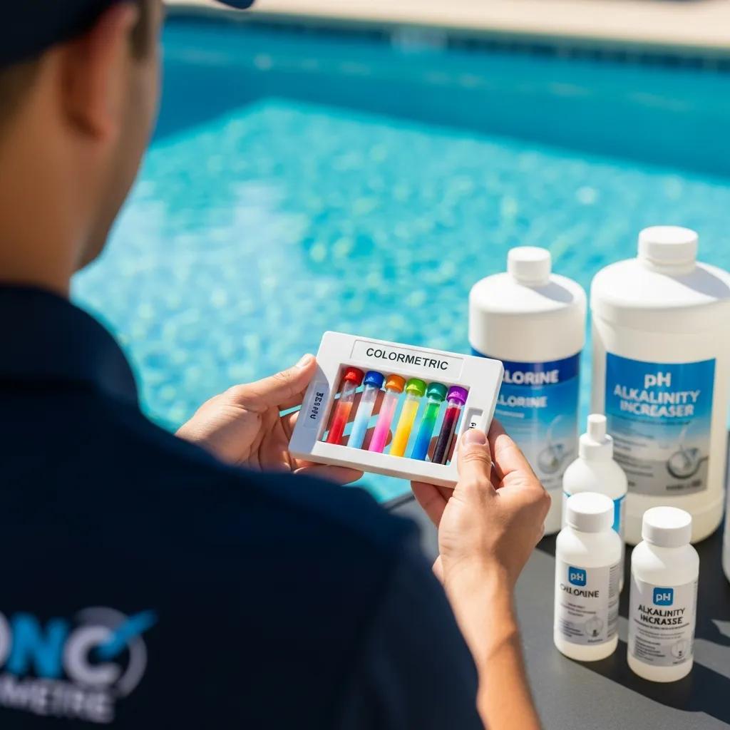 Pool maintenance professional testing water for chemical imbalances with a colorimetric kit