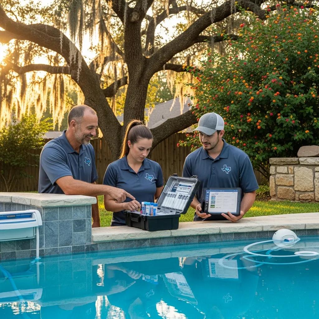 Pool maintenance team discussing local pool care strategies in a Texas backyard