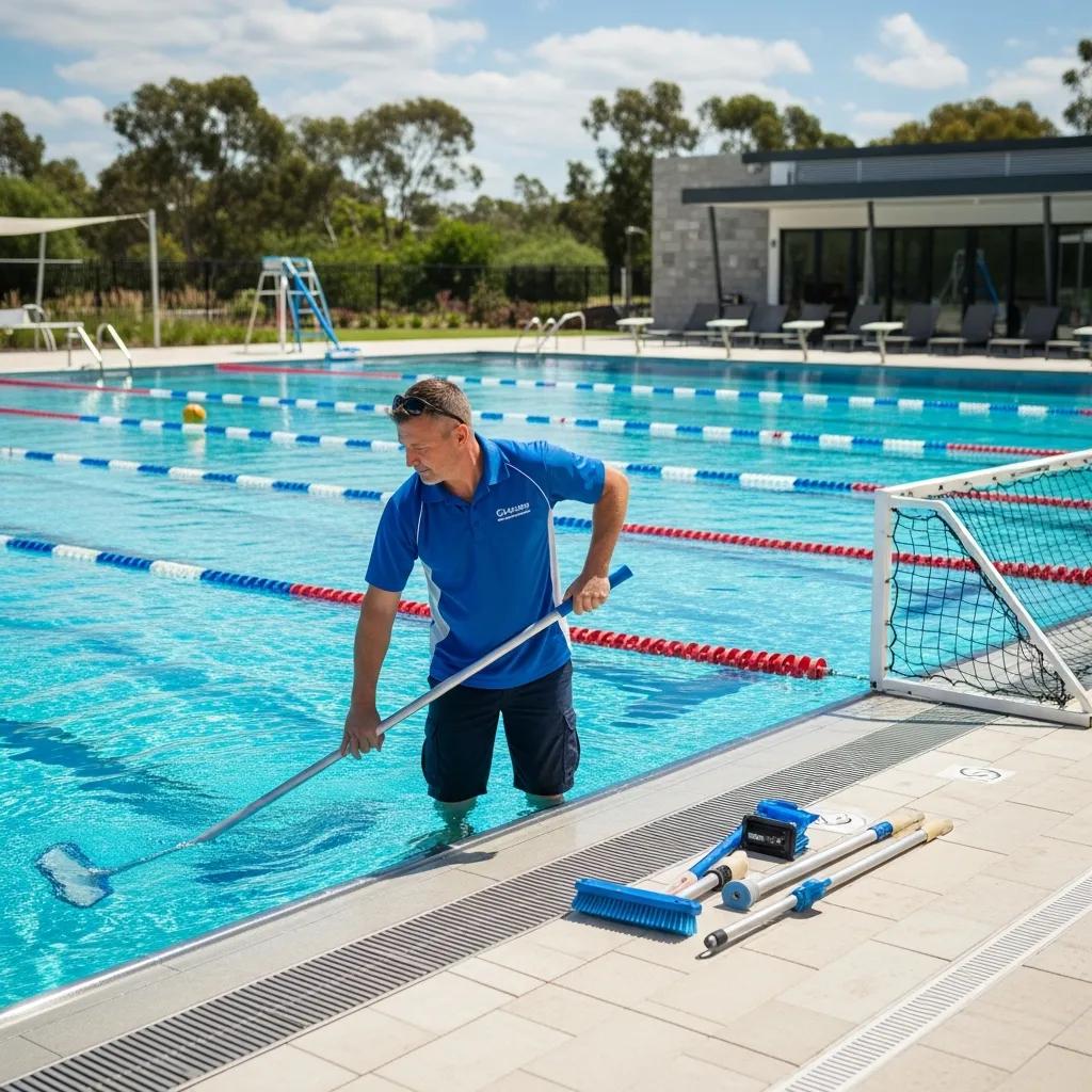 Pool maintenance technician cleaning a multi-sport pool, highlighting essential services for upkeep