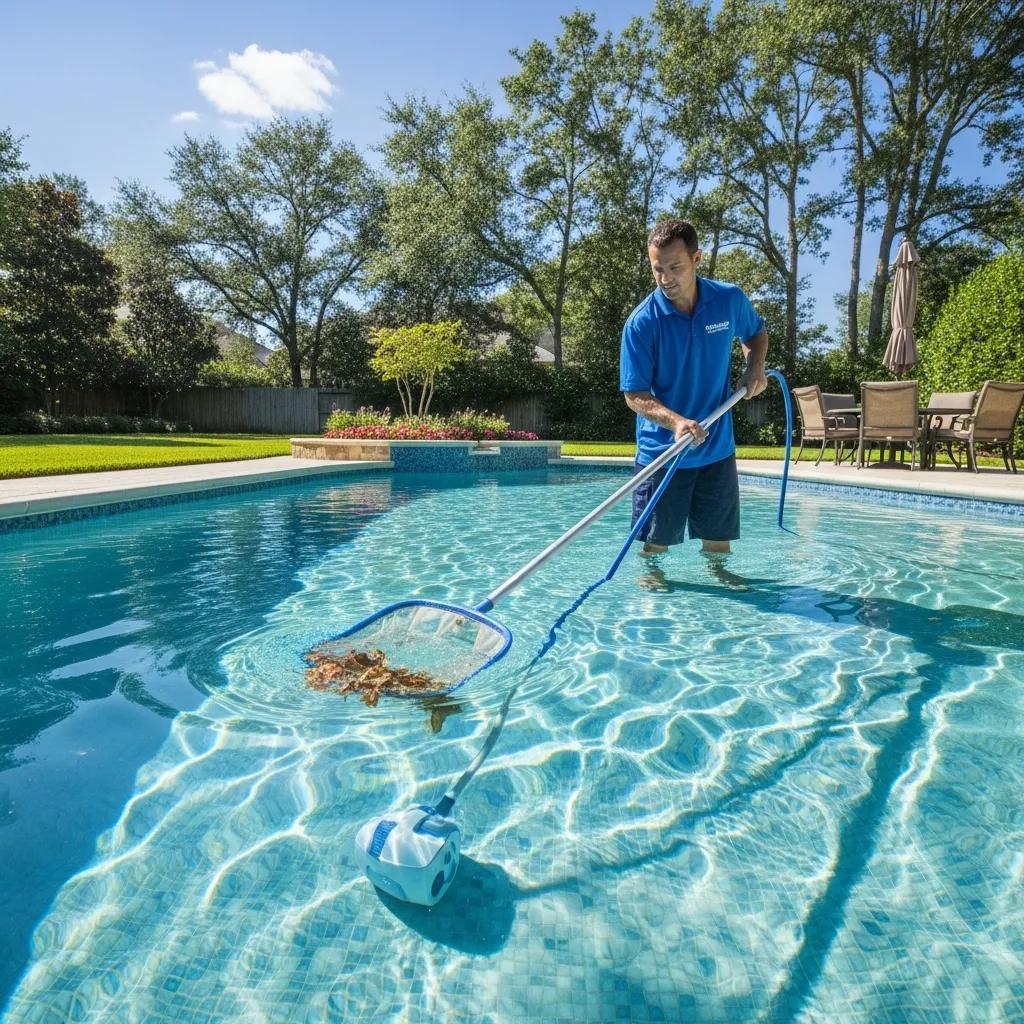 Professional pool cleaner skimming a sparkling pool, emphasizing the importance of monthly cleaning services