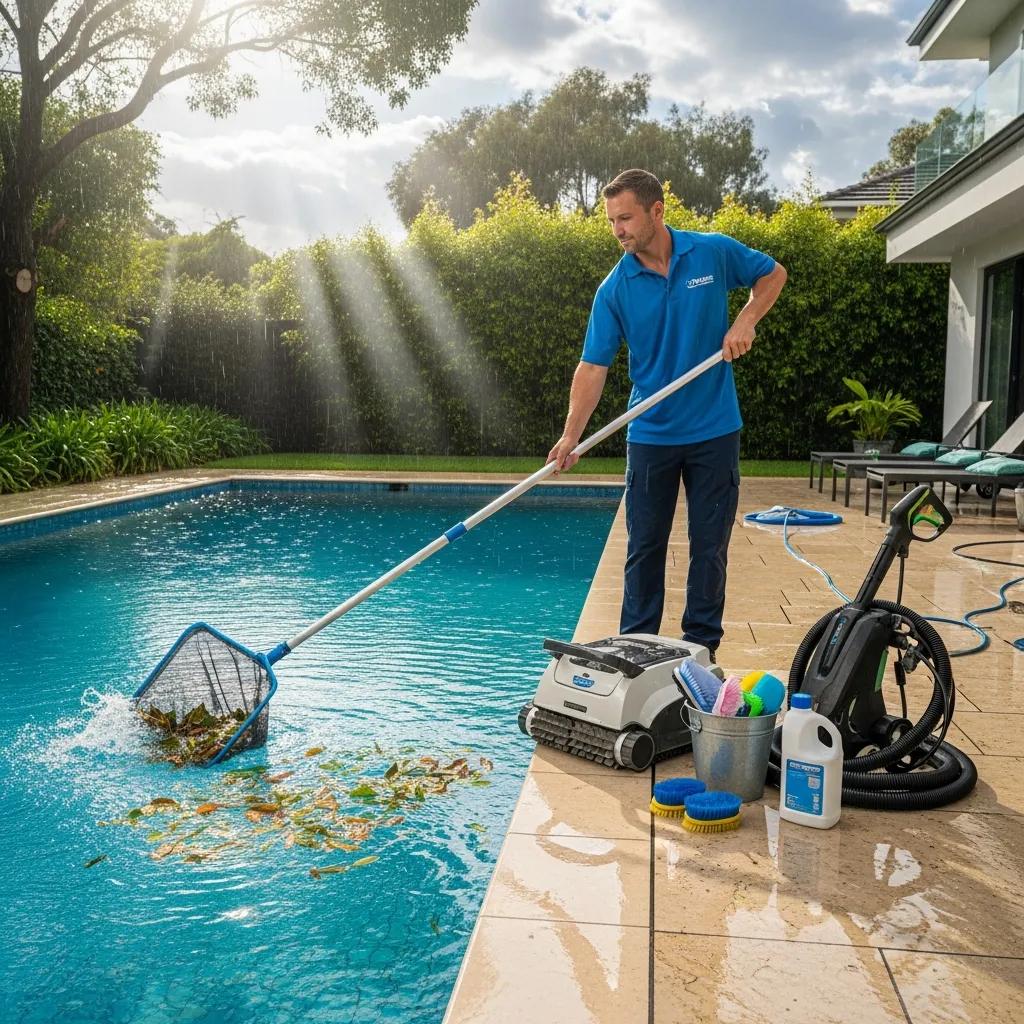 Professional pool cleaner using advanced equipment to restore pool clarity after rainstorm