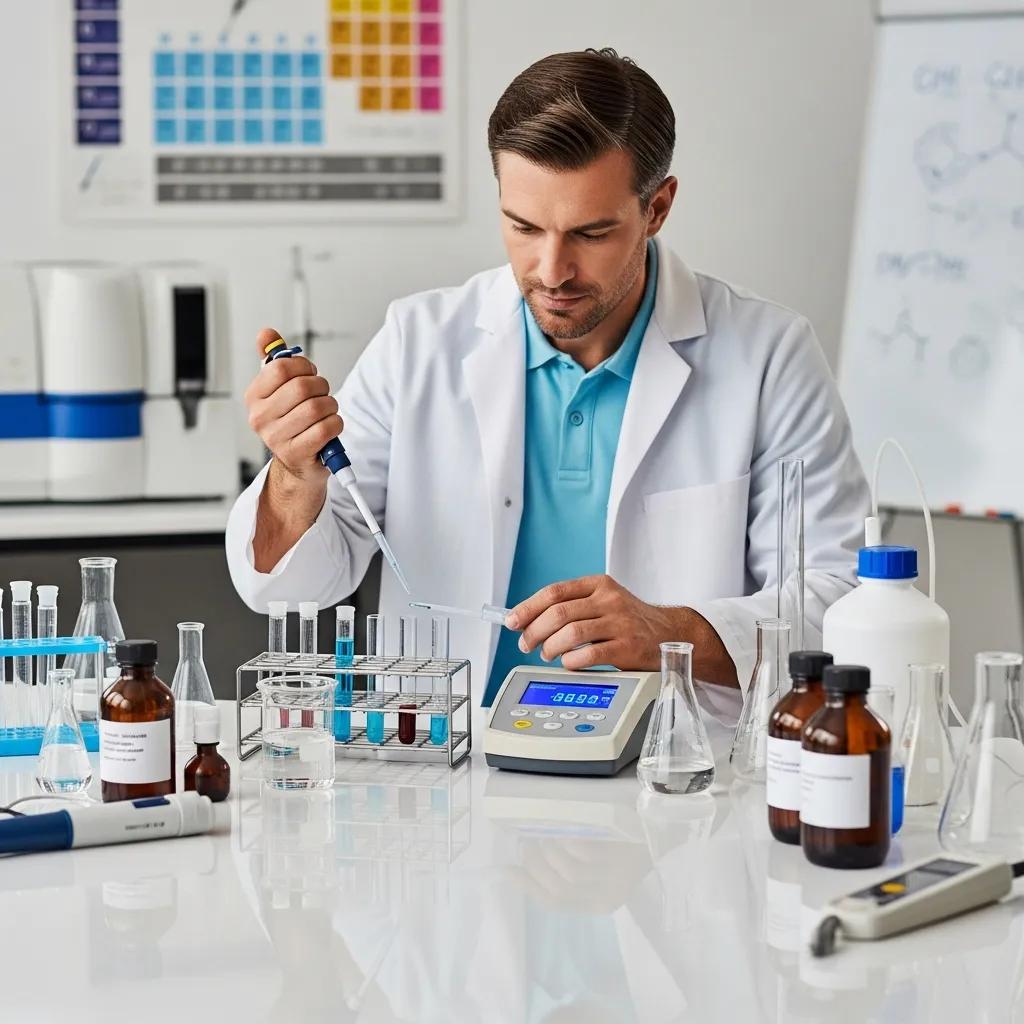Professional pool technician analyzing water samples with high-precision testing equipment in a lab