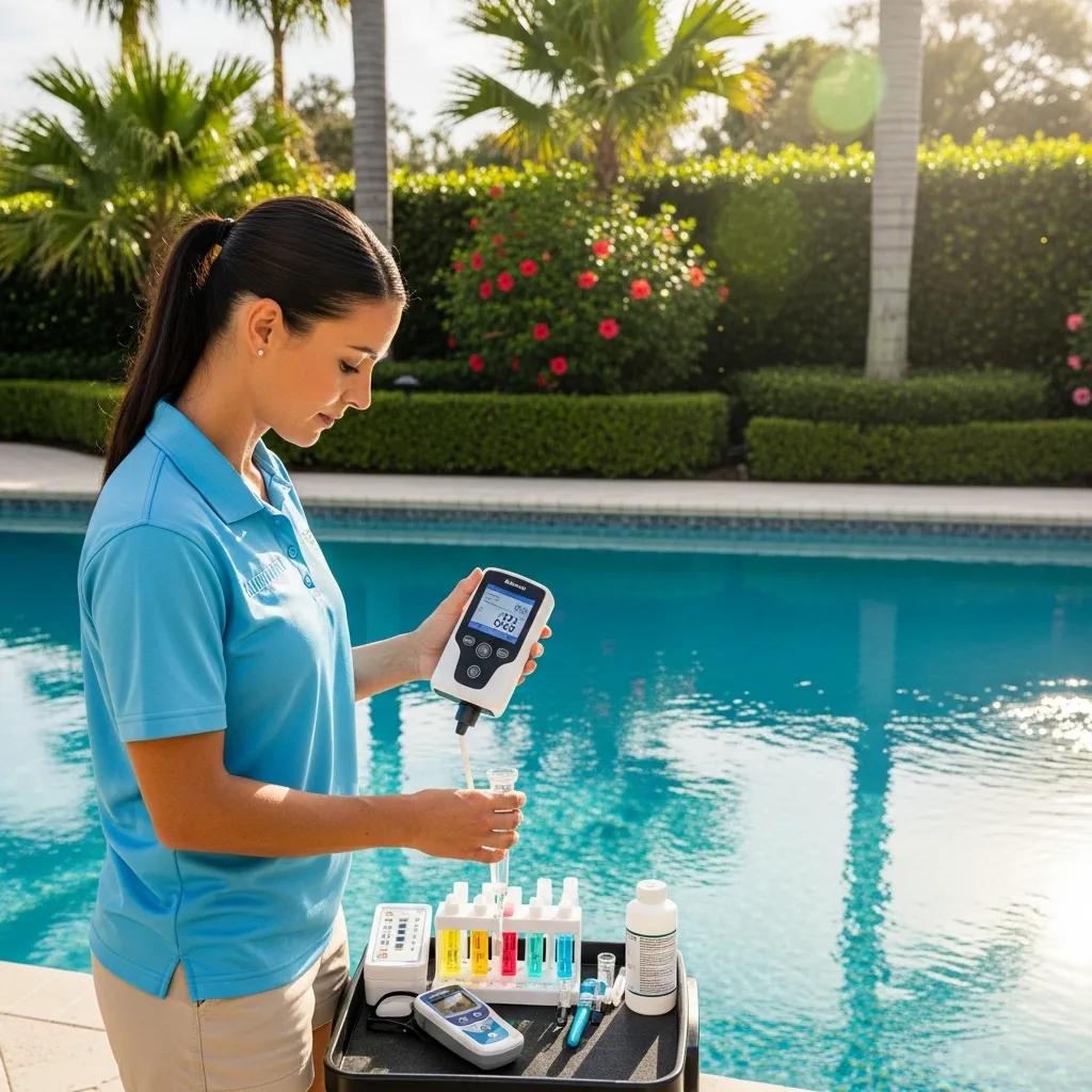 Professional pool technician testing water quality with advanced equipment in a residential pool