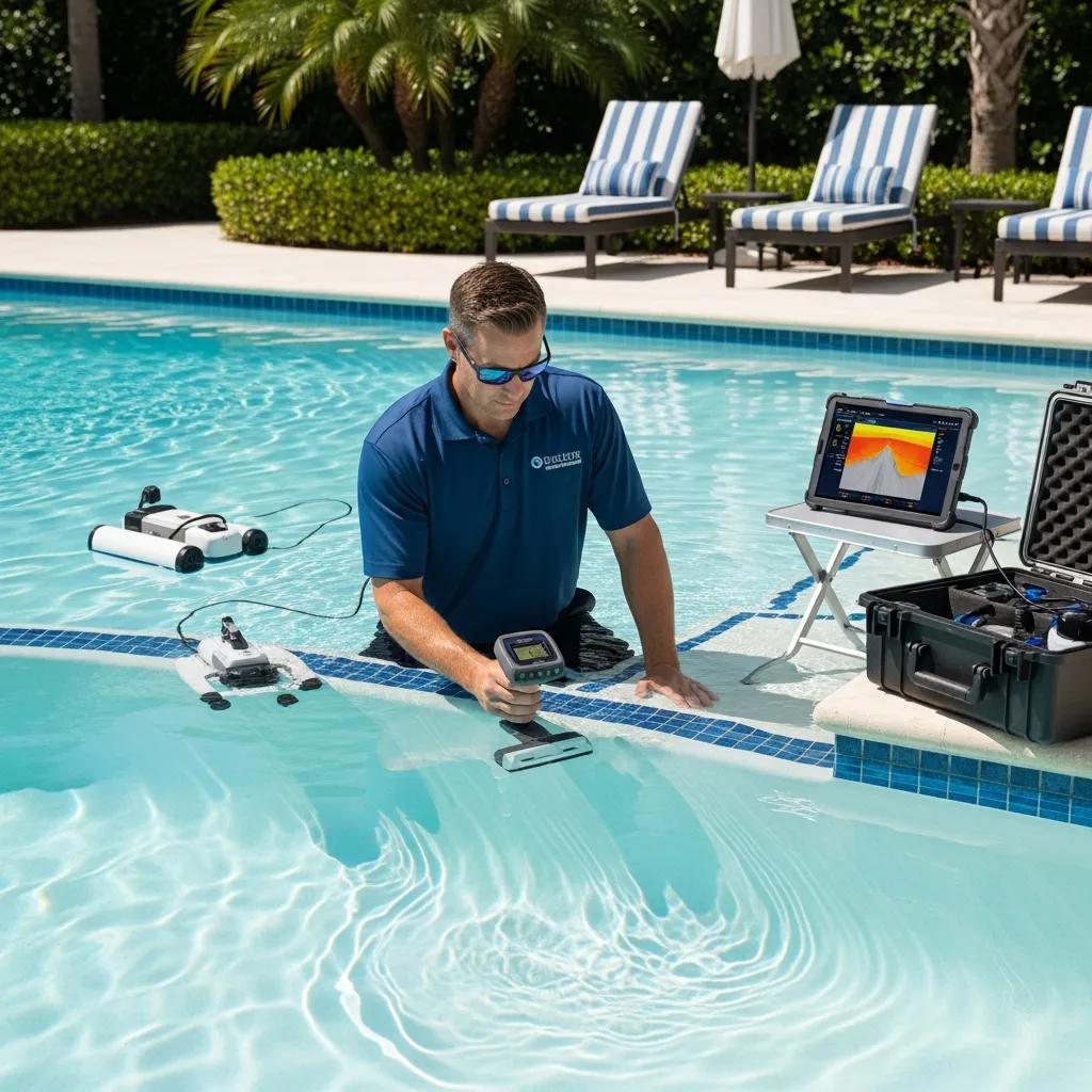 Professional pool technician using advanced equipment to detect leaks, emphasizing the importance of expert services