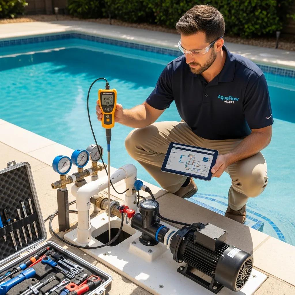Professional technician performing a hydraulic audit on a swimming pool, assessing flow rates and pump performance