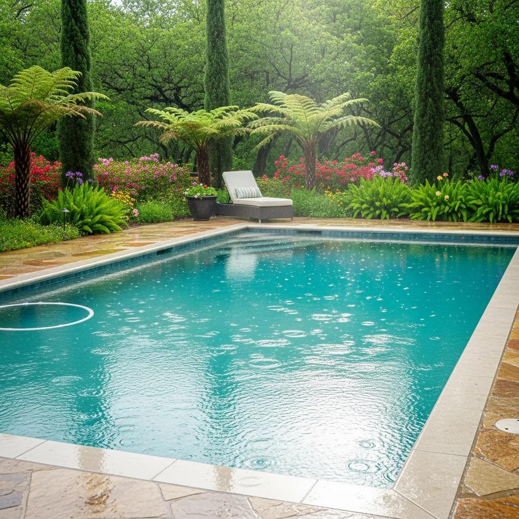 Sparkling clean swimming pool in Texas with spring rain, highlighting pool care importance