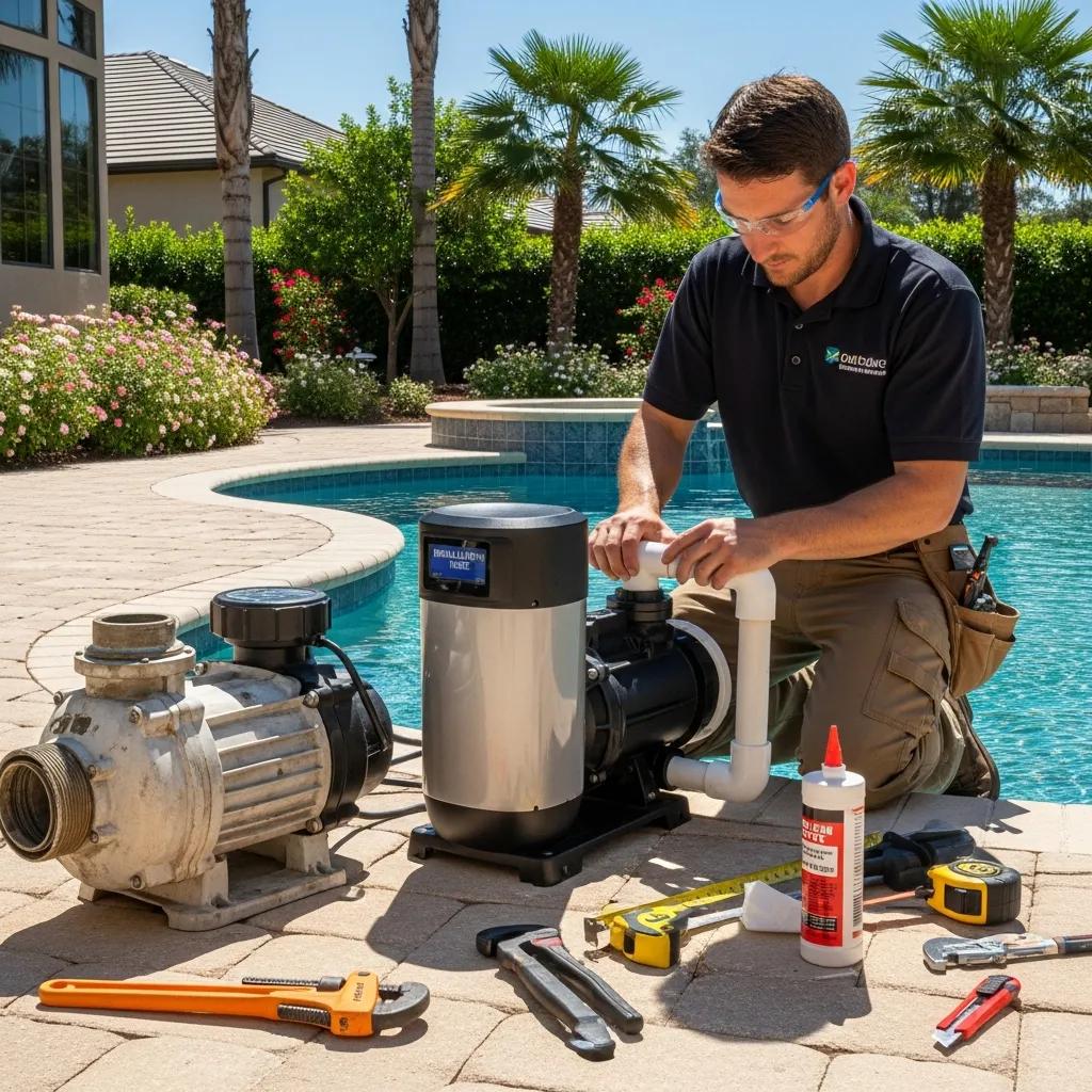 Technician installing an energy-efficient pool pump, highlighting the importance of upgrading pool equipment