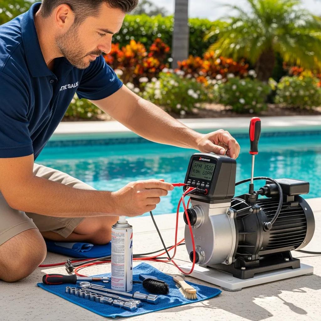 Technician performing maintenance on a variable speed pool pump in a clean pool area