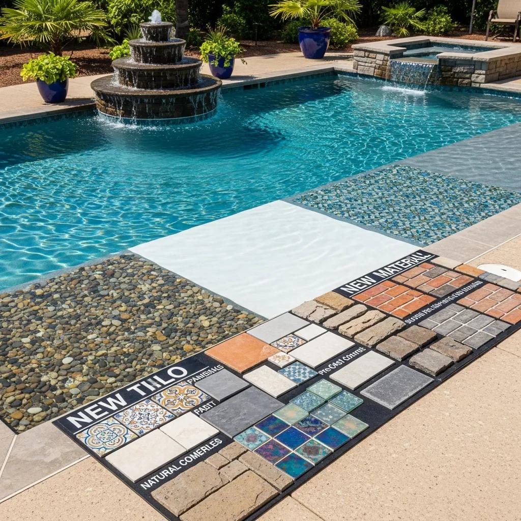 Variety of pool design options including resurfacing materials and water features in an outdoor setting